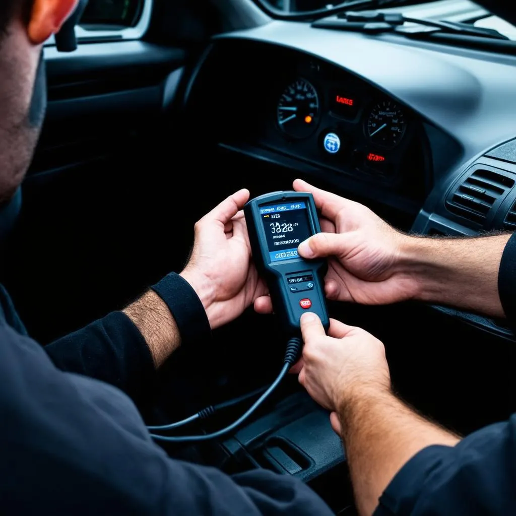 OBD II scanner being used to diagnose a car