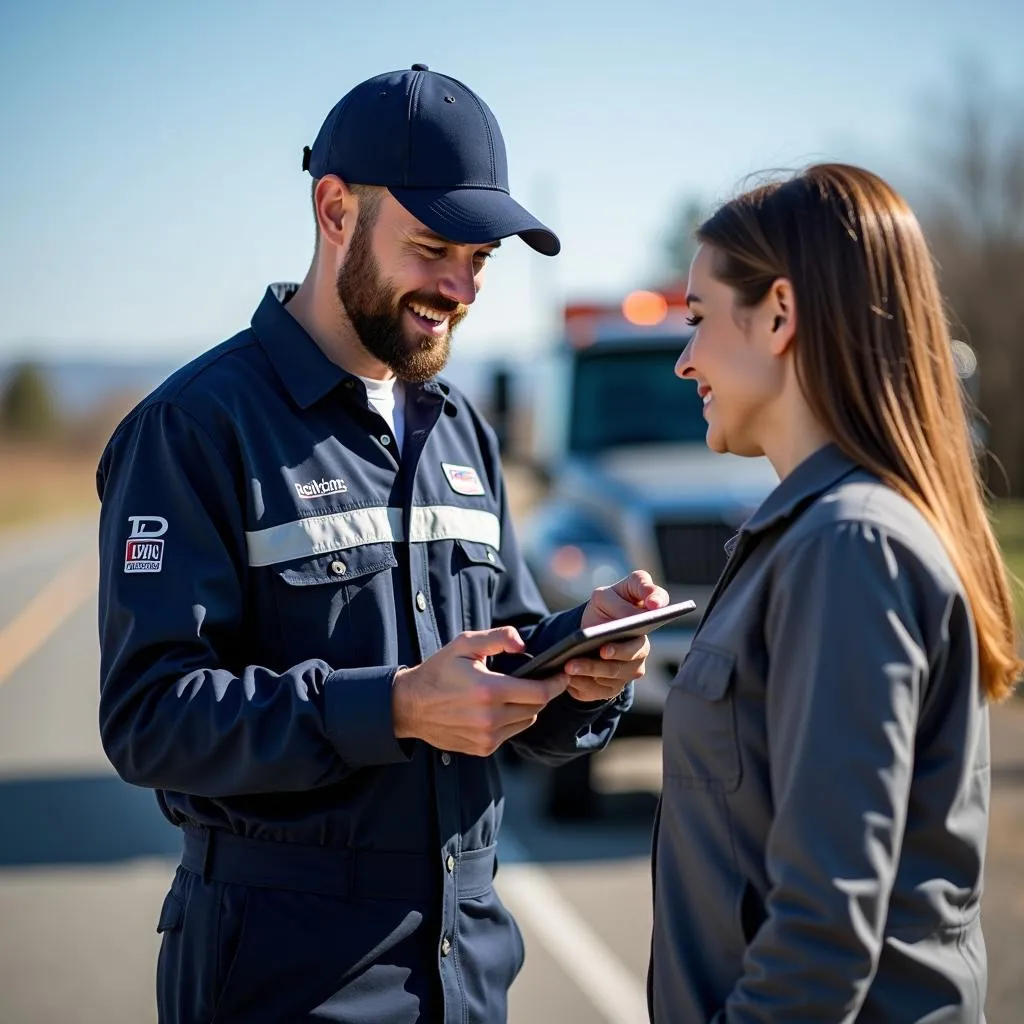 On-call car service mechanic assisting a driver