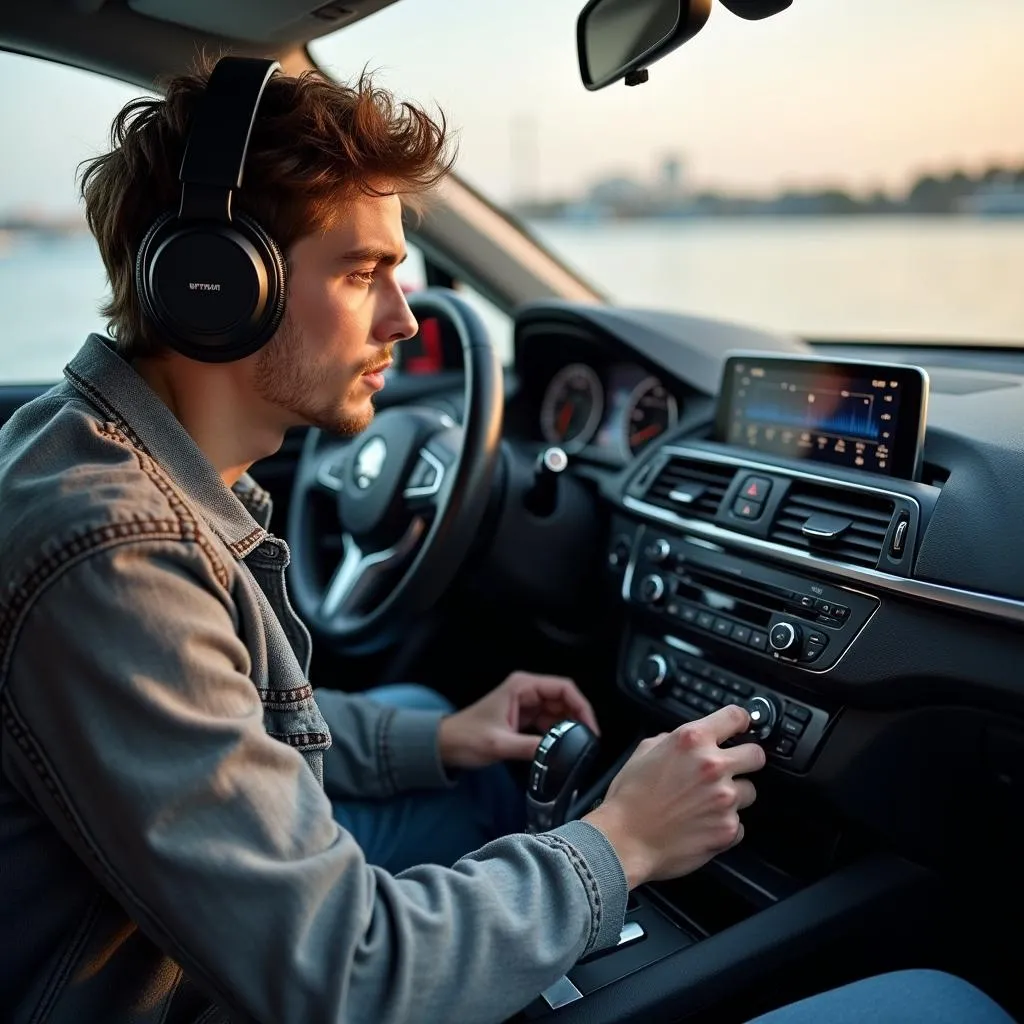 Car audio enthusiast listening to music in his car parked by Lake Ontario