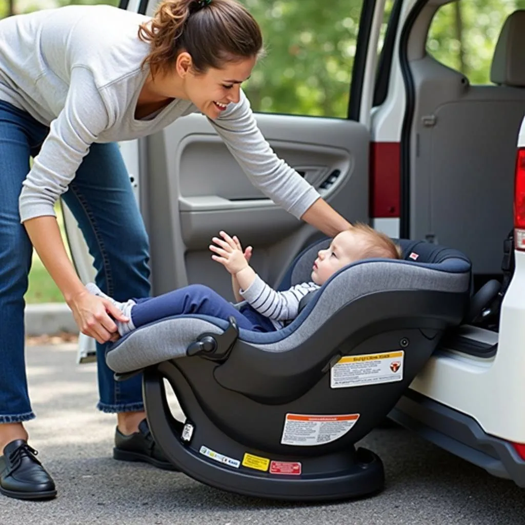 A parent removing a car seat using one hand