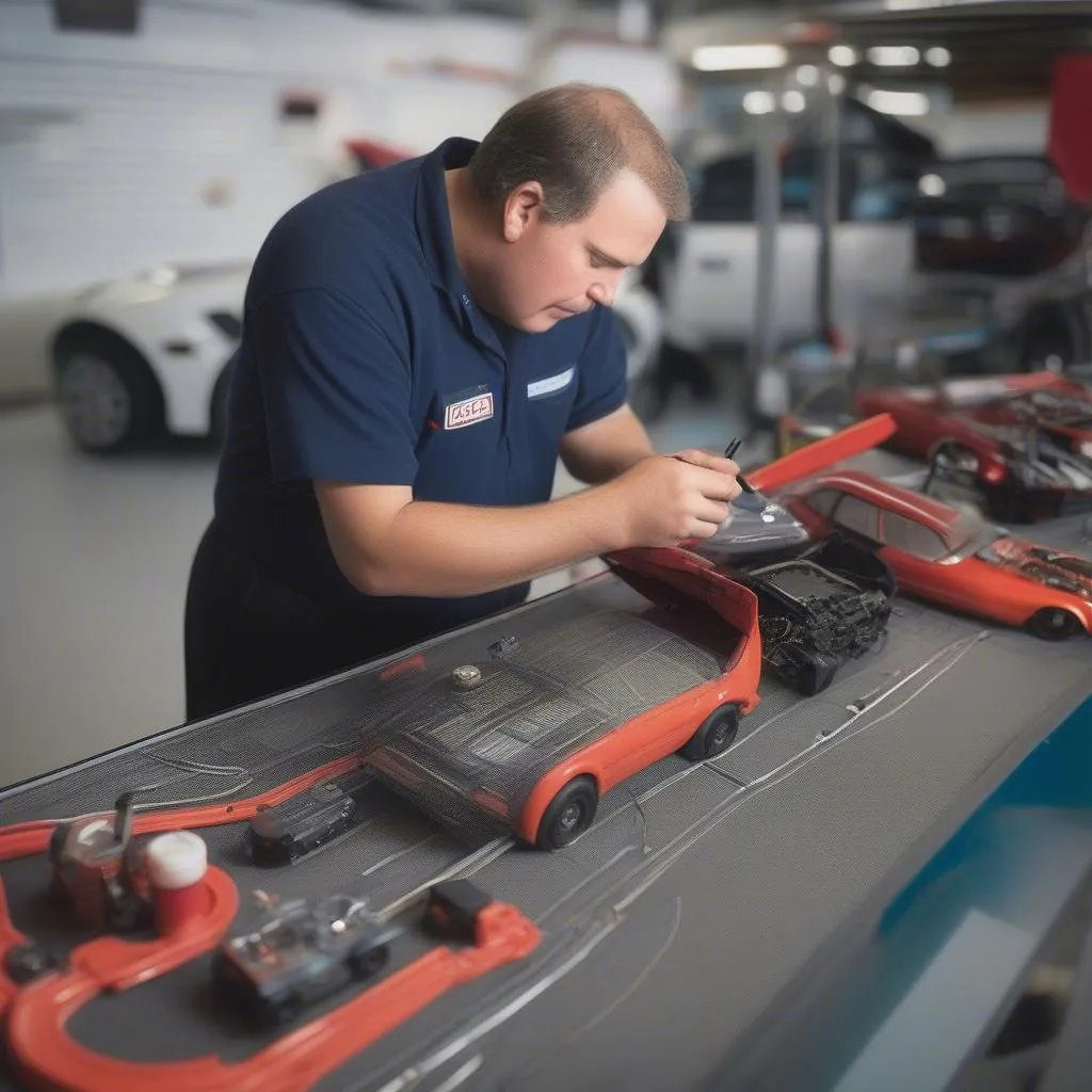 Mechanic Using Parma International Slot Car to Diagnose a European Car