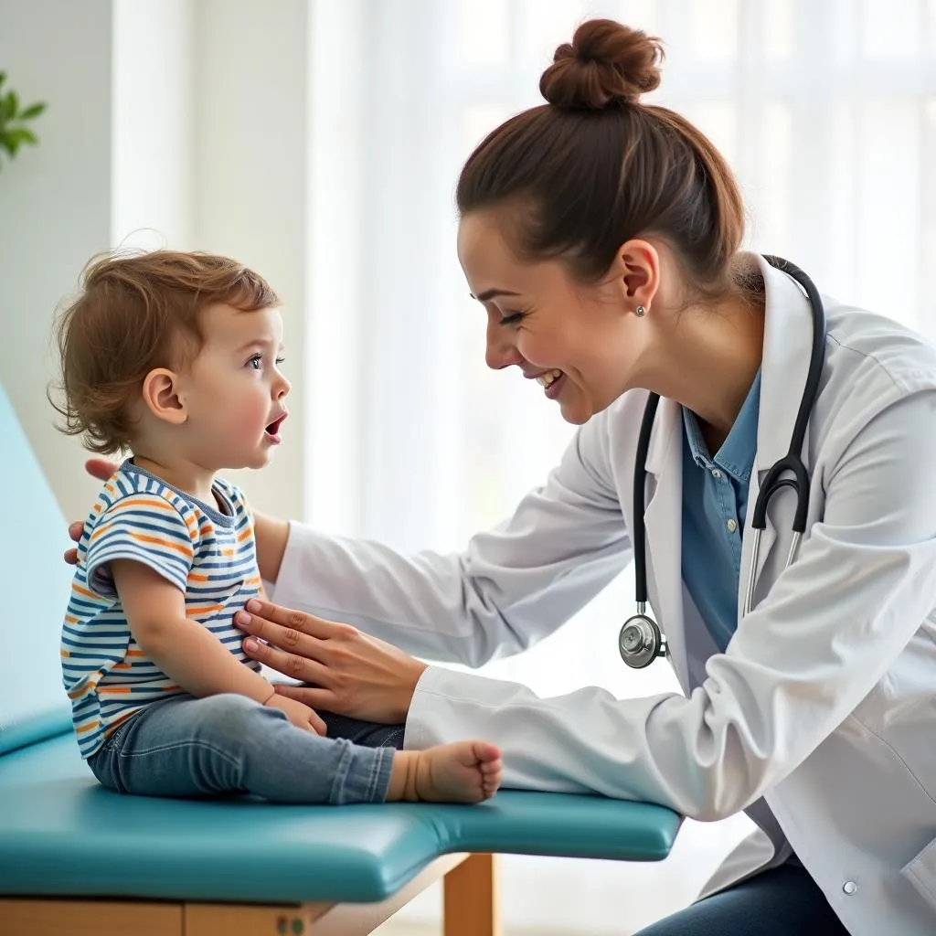 Pediatrician examining child with stethoscope