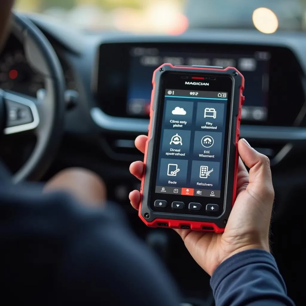 Person using Magician OBD F835 to diagnose a car problem