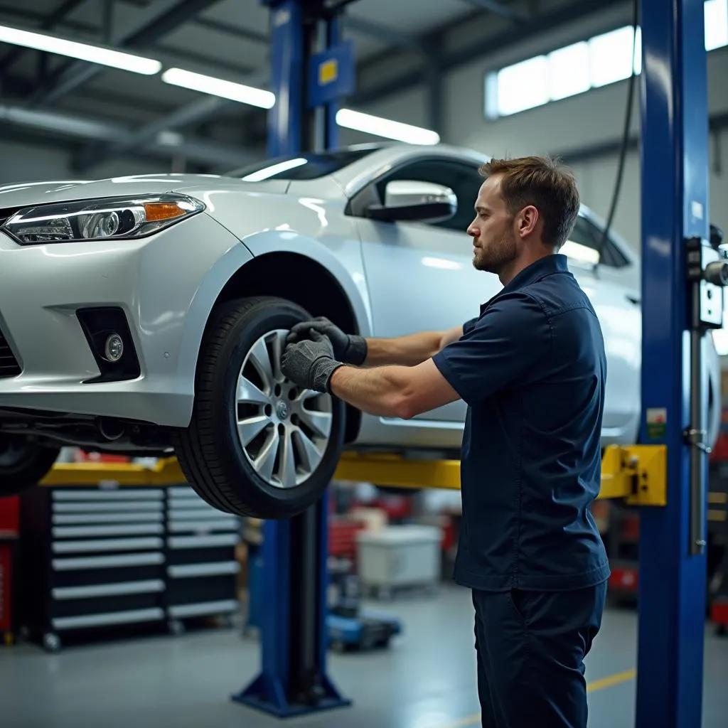 Mechanic Using a Pneumatic Car Lifter in a Garage