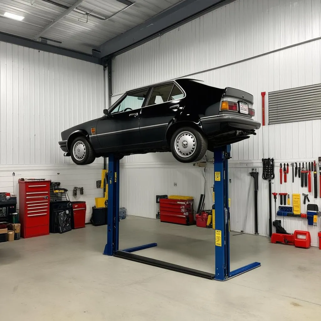 The interior of a spacious and organized pole barn garage, showing a car on a lift and tools arranged on a wall