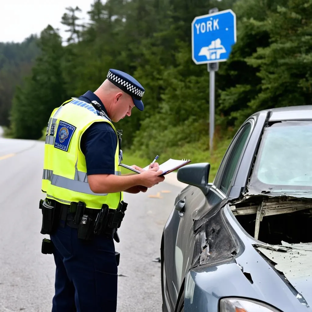 Police officer taking report at accident scene