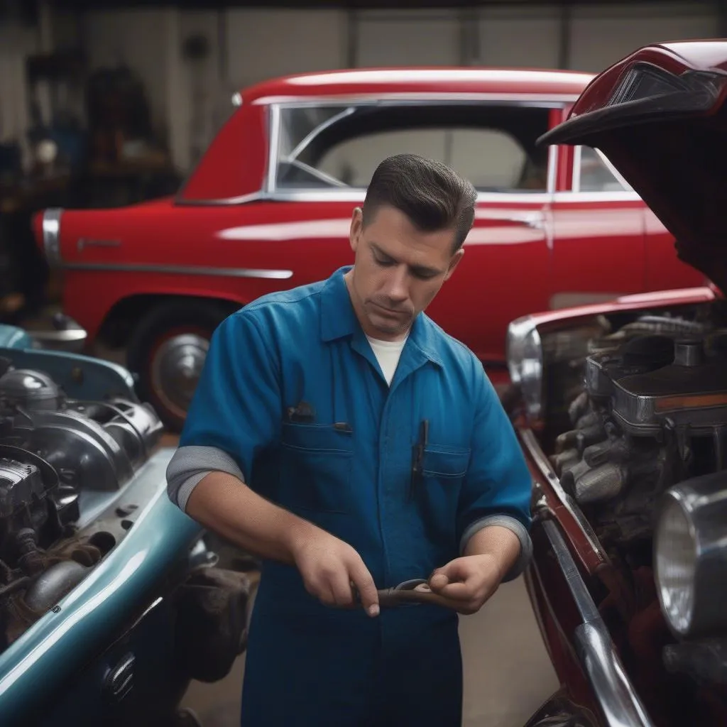 Mechanic working on a classic car engine