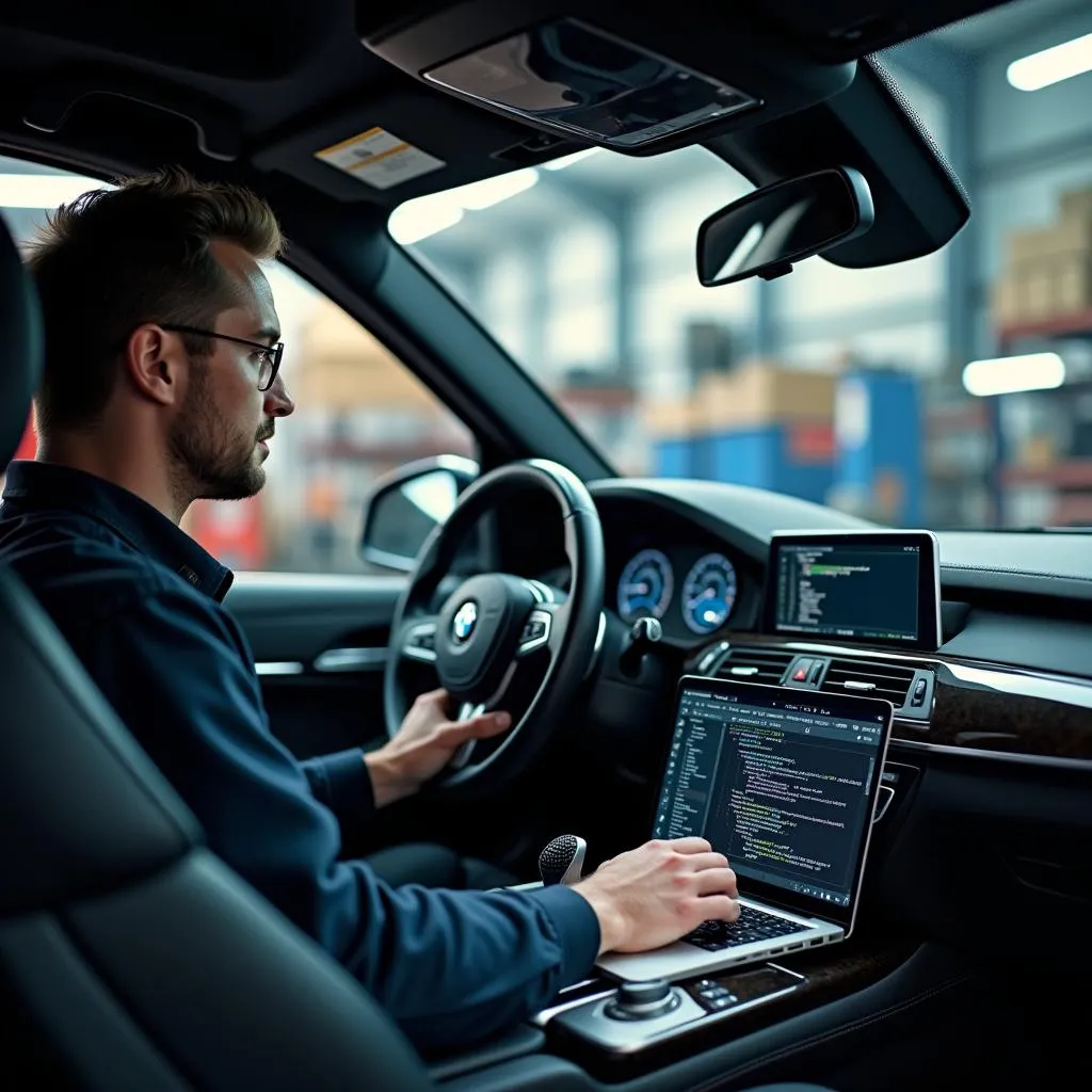 Mechanic using a laptop and software for all systems programming on a car