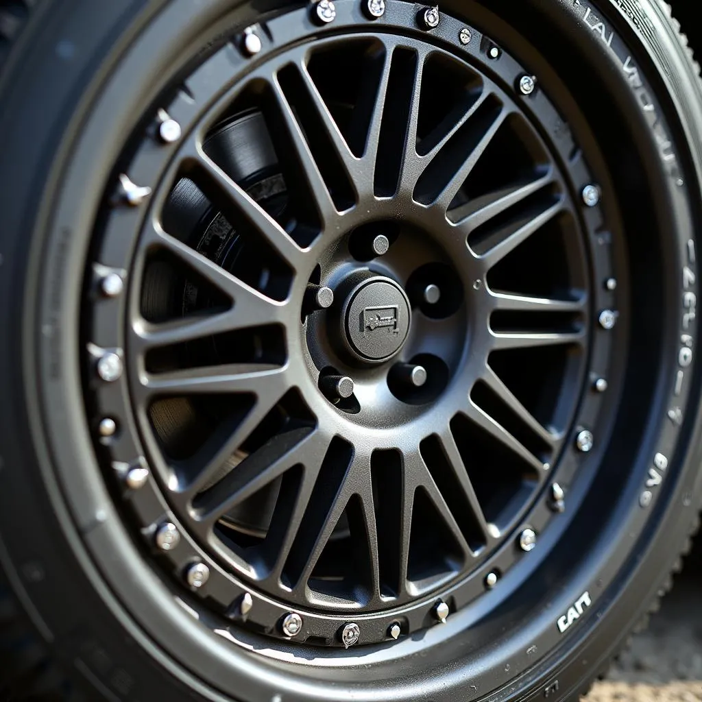 Close-up view of rally car rims