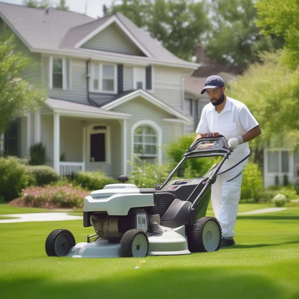 A professional lawn care technician working on a residential lawn