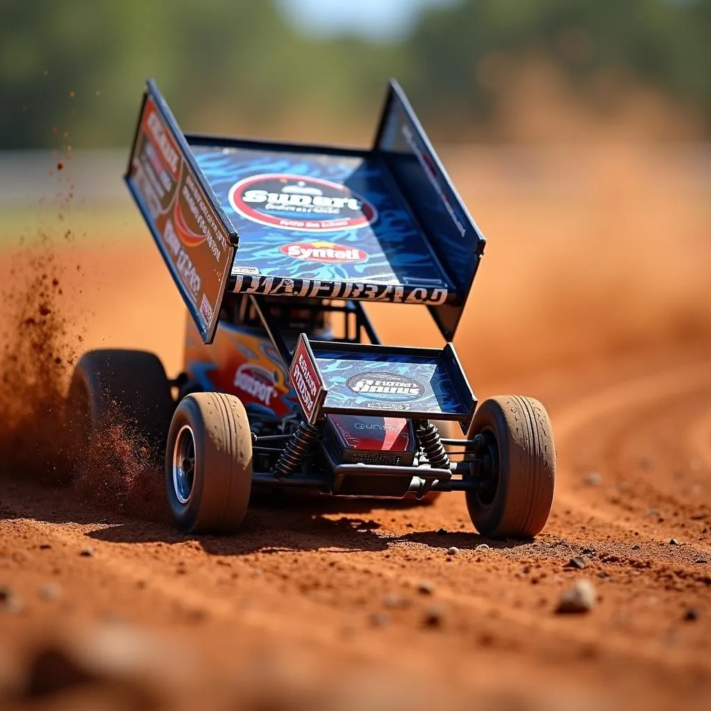 1/10 RC sprint car racing on a dirt track