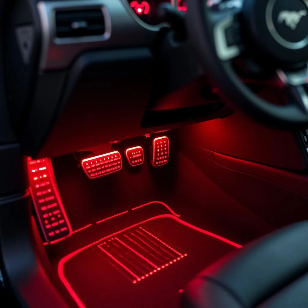 Red LED Lights Installed in a Ford Mustang Interior