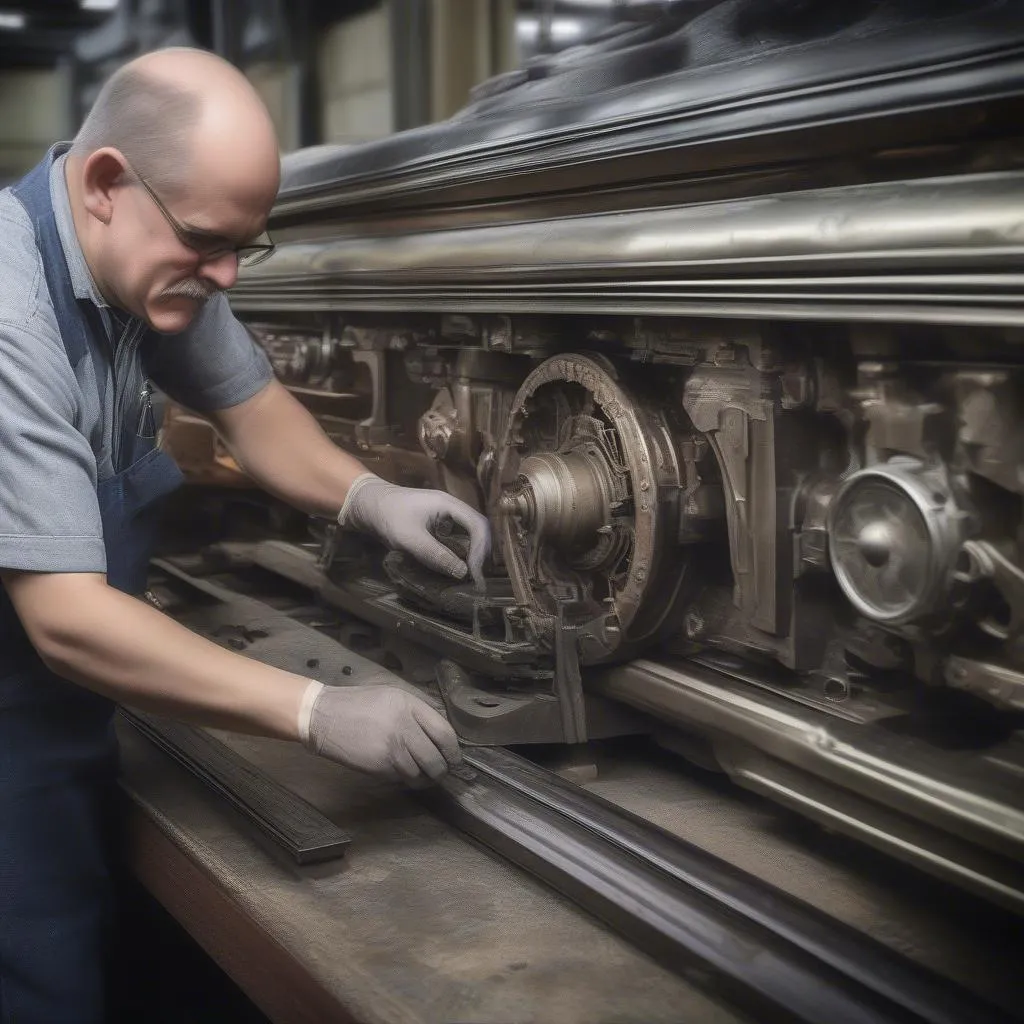 A professional restoring an old rail car