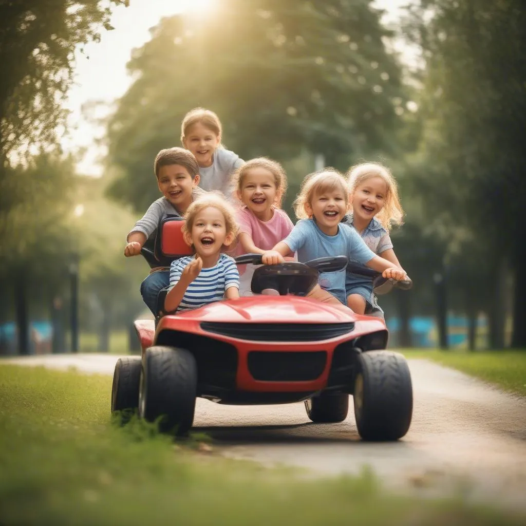 Children enjoying ride-on cars