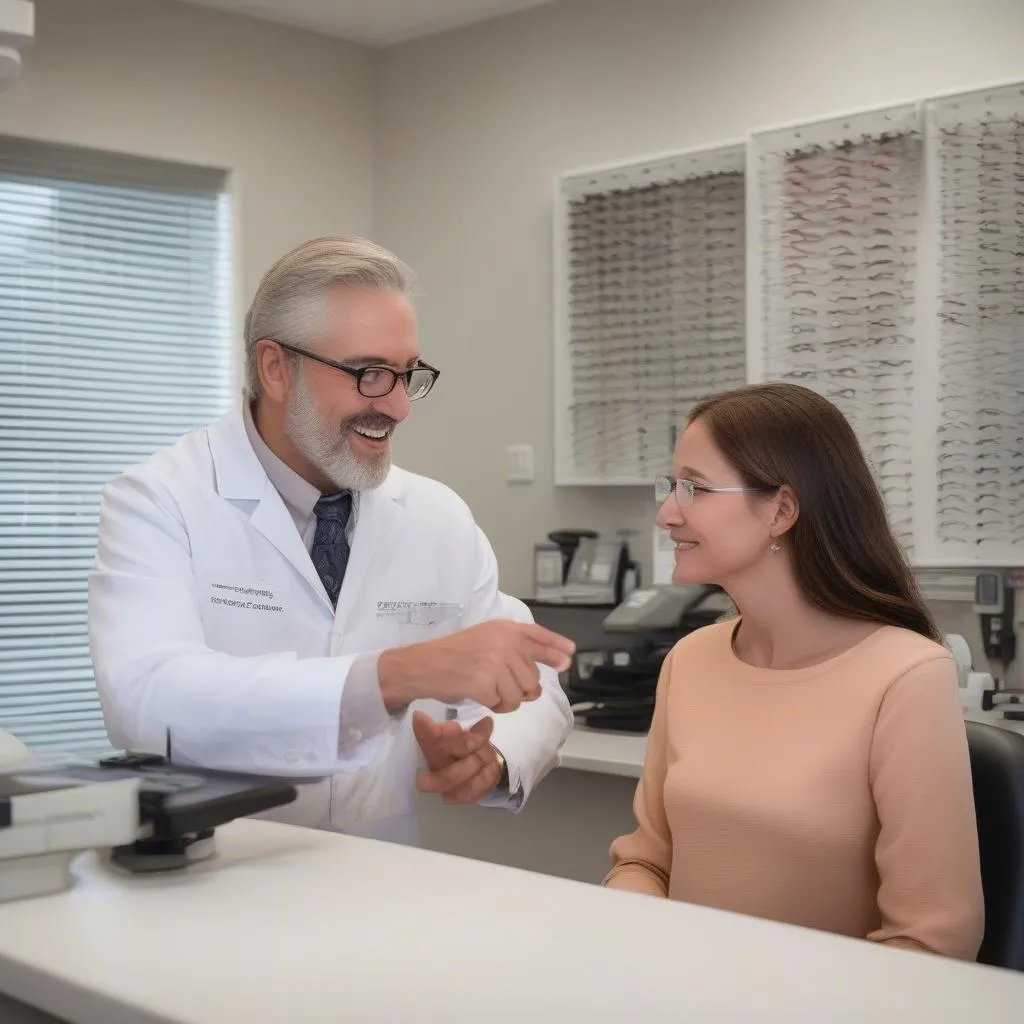 Optometrist and patient discussing eye health at Roberts Eye Care Sidney NY