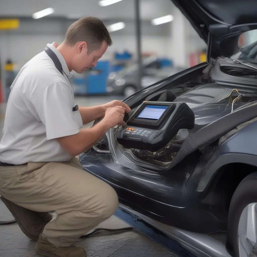 Ron Tonkin Chevrolet technician using a dealer scanner to diagnose a European car