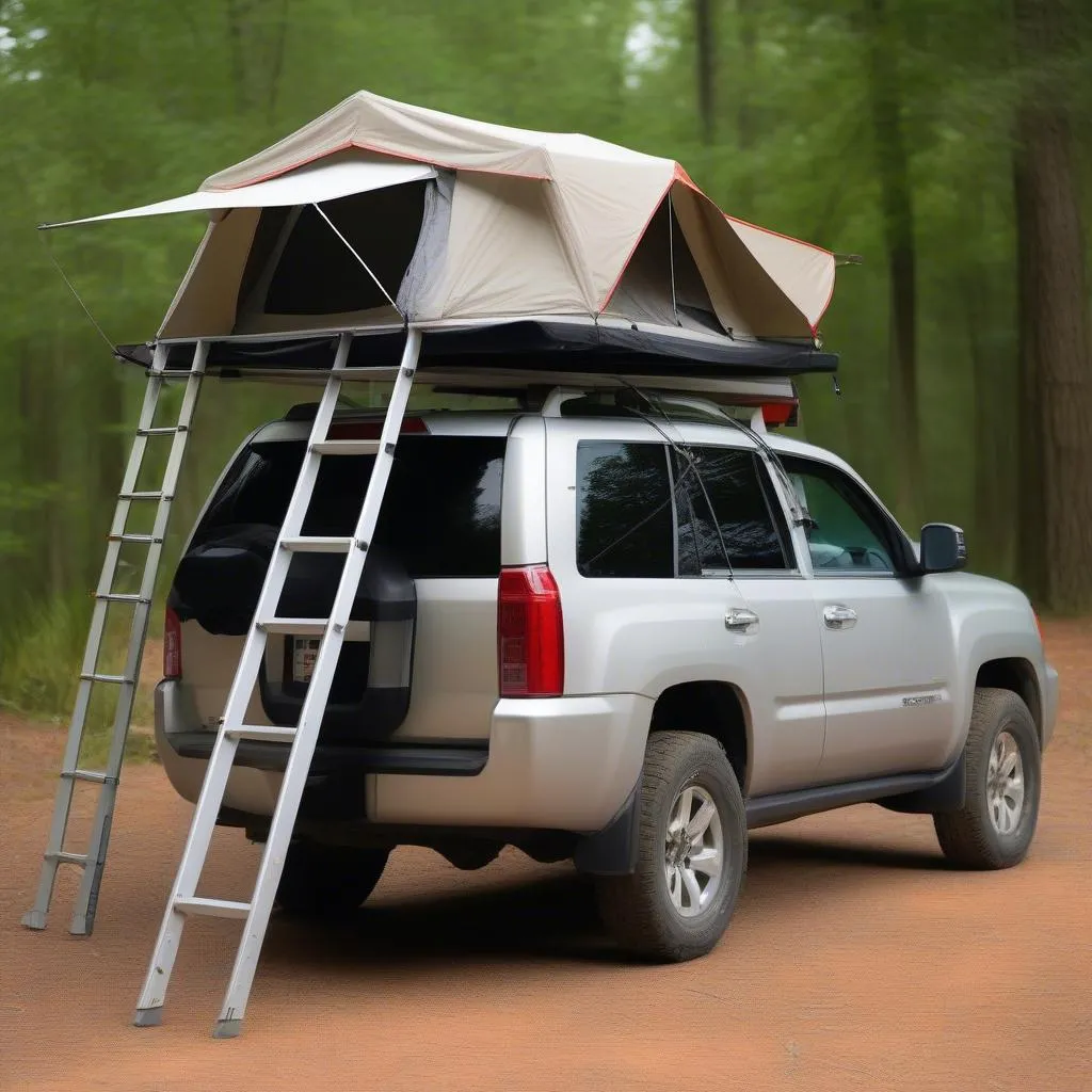 Rooftop tent set up on a car