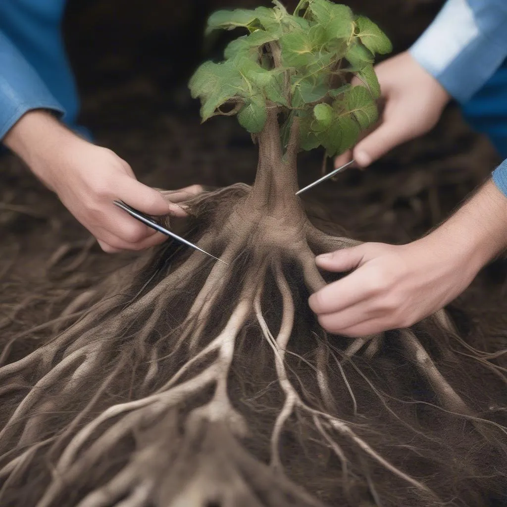 Inspecting the roots of a bare root plant