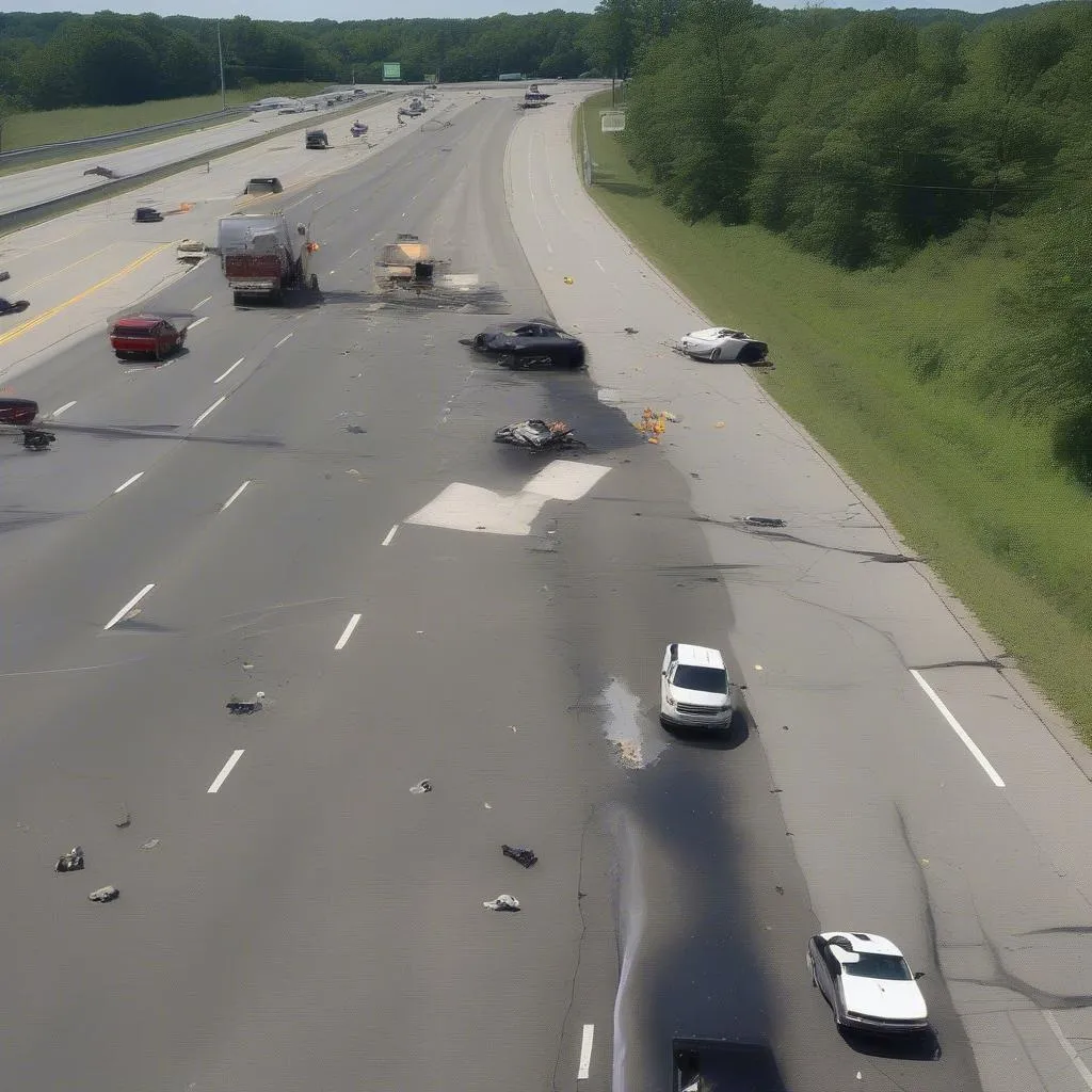 Car accident scene with skid marks and debris