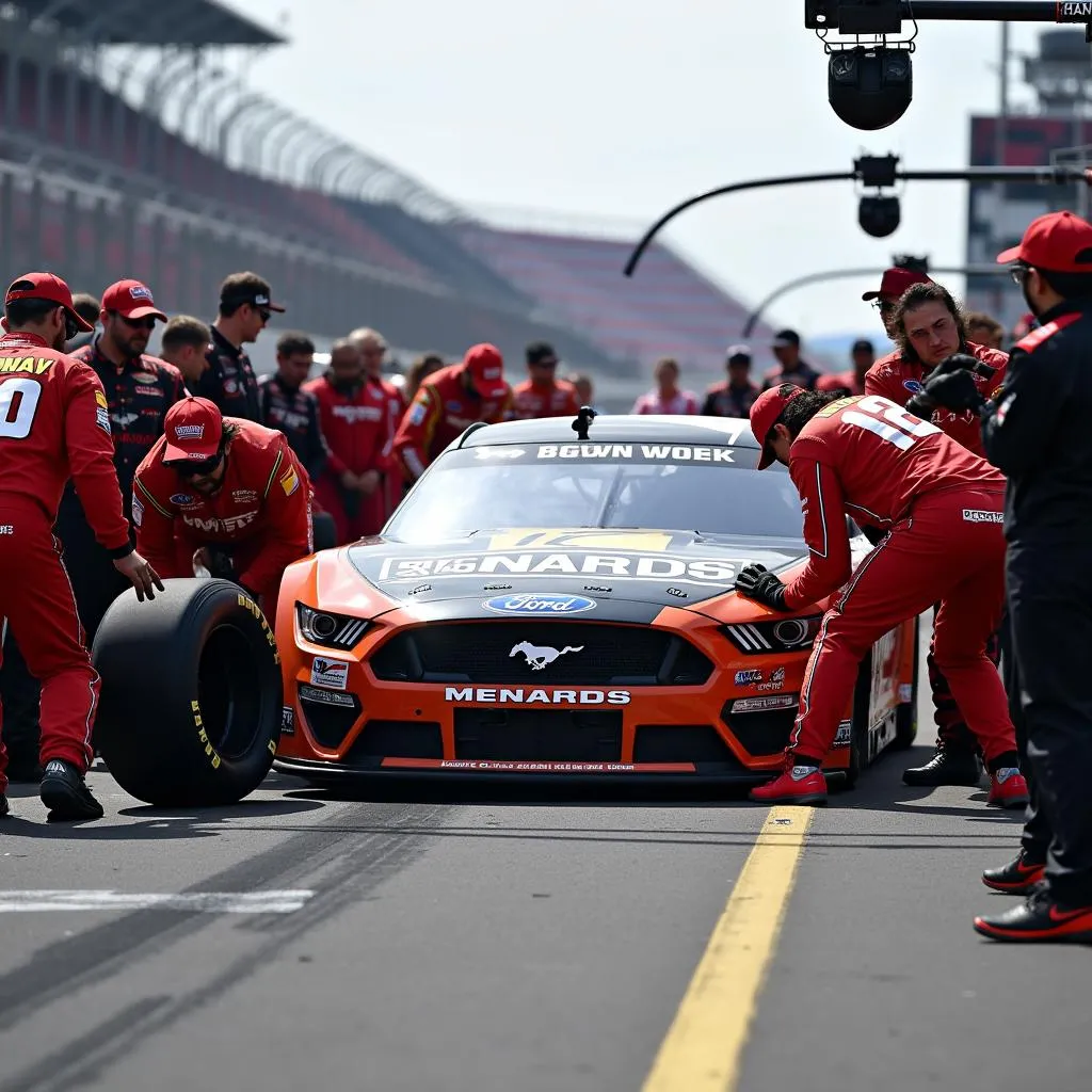 Ryan Blaney's #12 Menards Ford Mustang during a pit stop