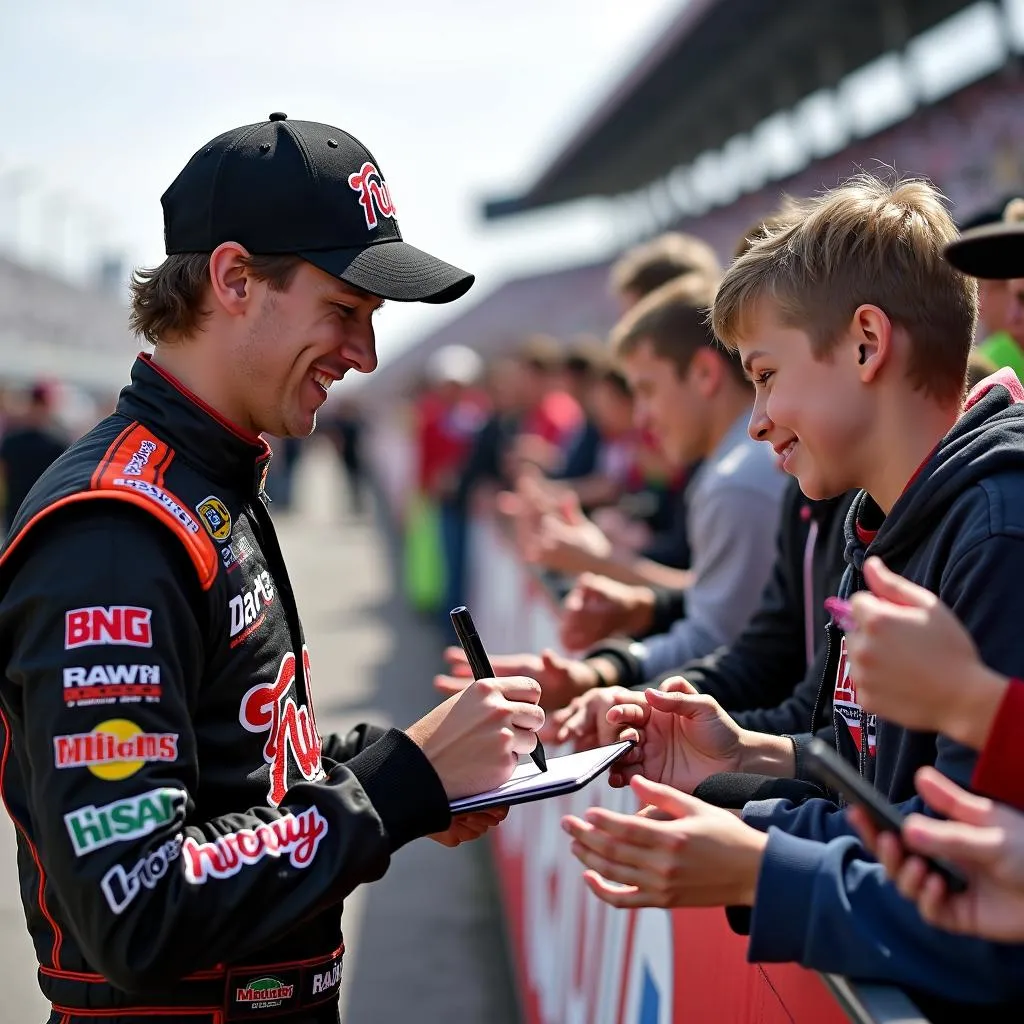 Ryan Blaney interacts with fans during an autograph session