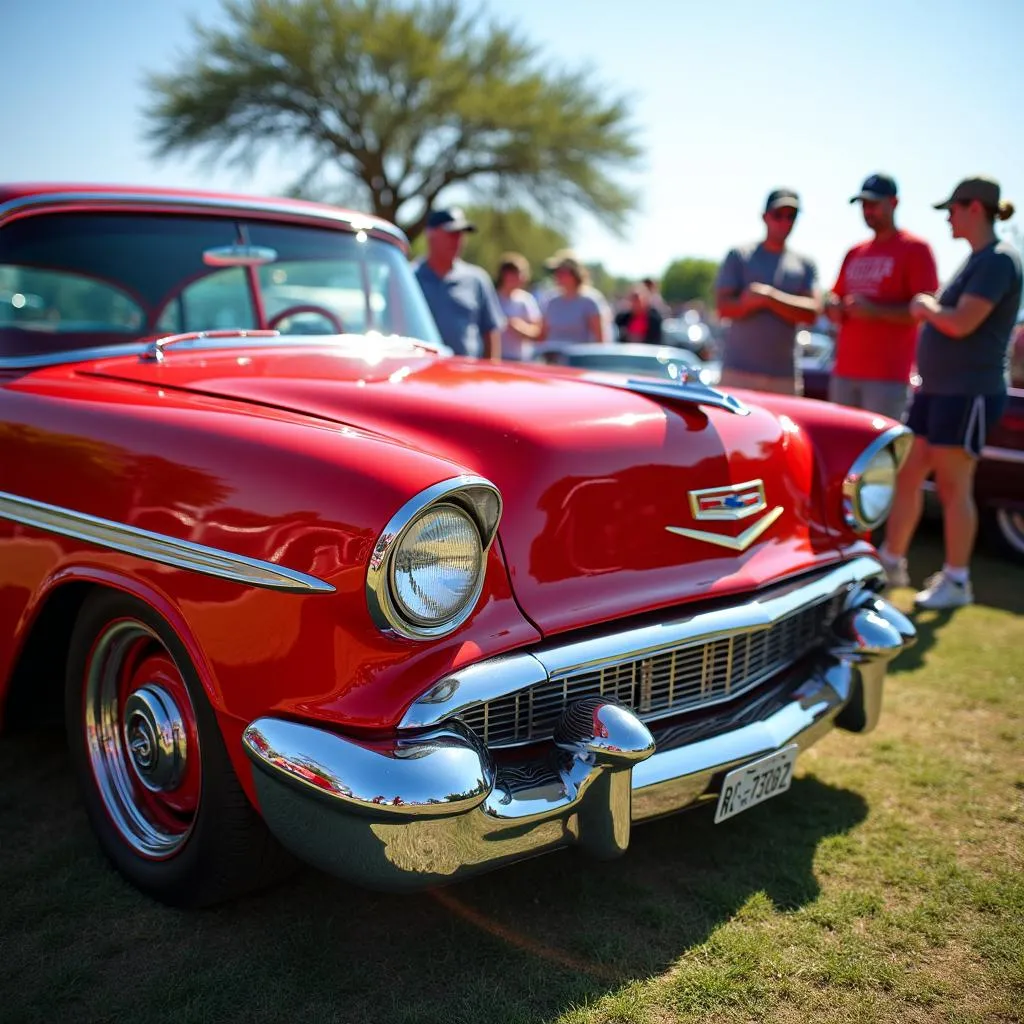 Attendees admiring a 1950s Chevrolet Bel Air at the San Angelo Car Show