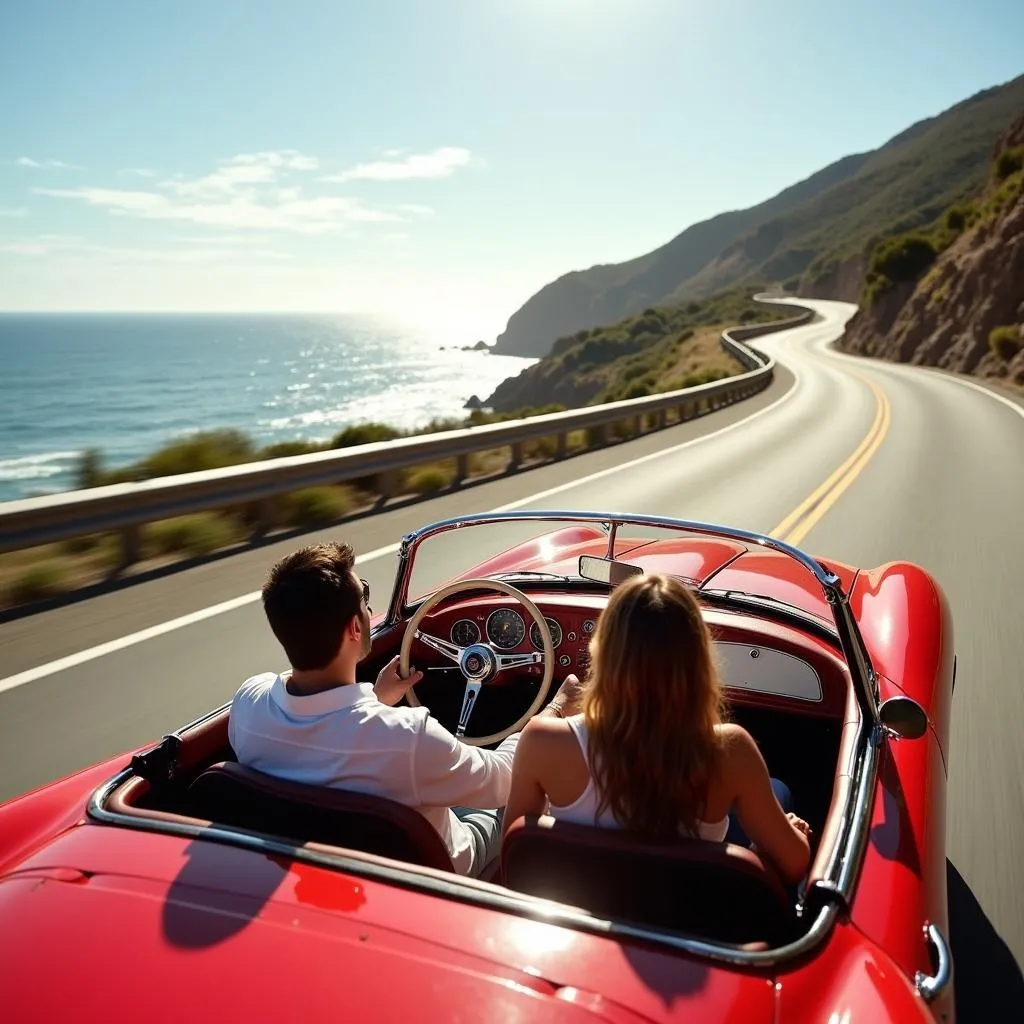 Classic Car Driving Along the Coast