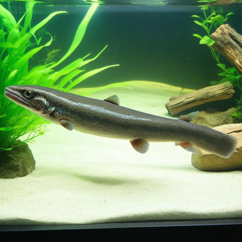 Senegal Bichir in a well-planted aquarium