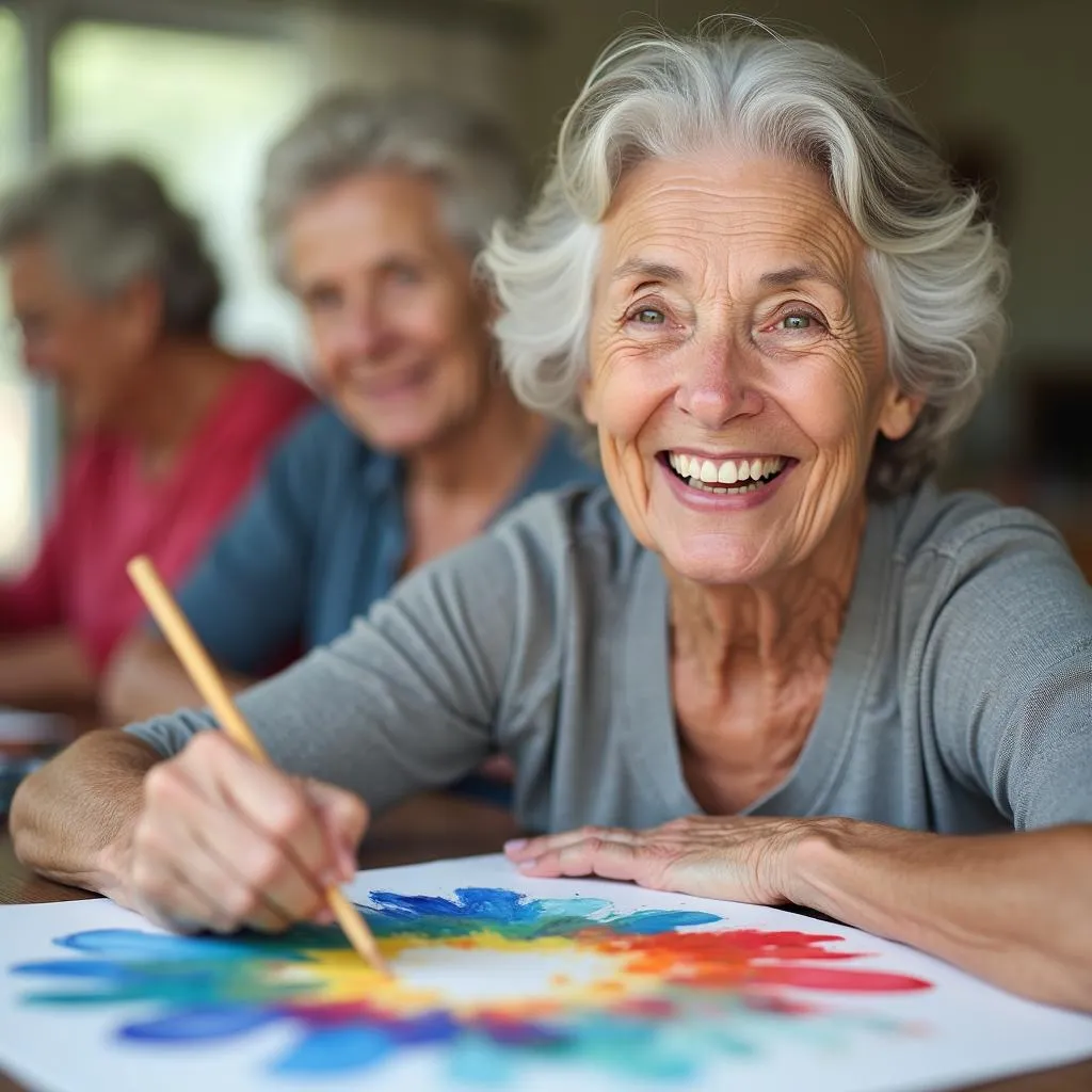 An elderly woman smiles at the camera while participating in art therapy at an adult day care facility.