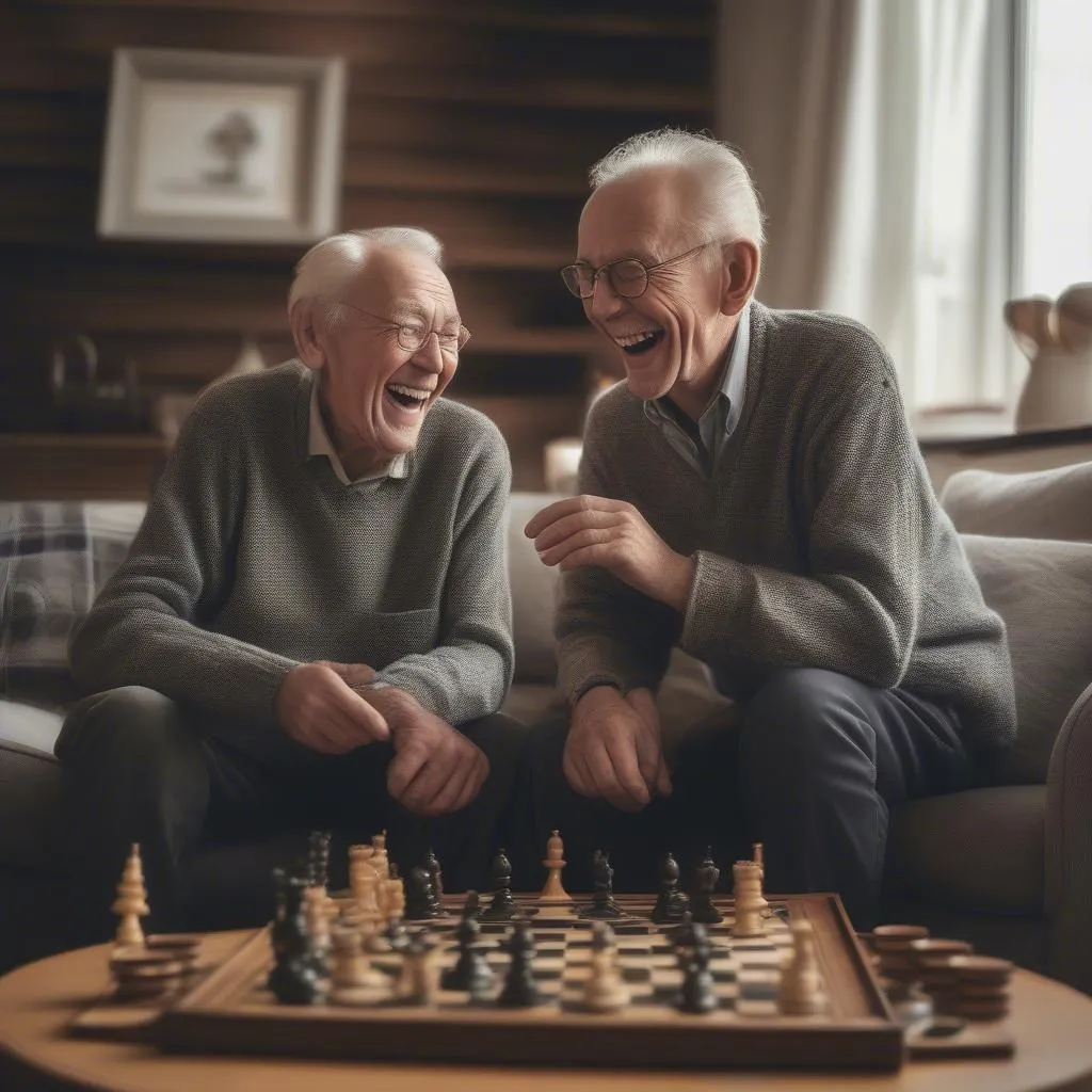 An elderly man laughs joyfully during a game of chess with his caregiver