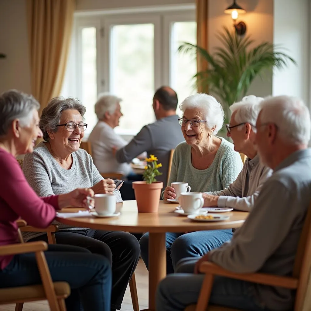 Group of seniors interacting in a bright and welcoming adult day care center.