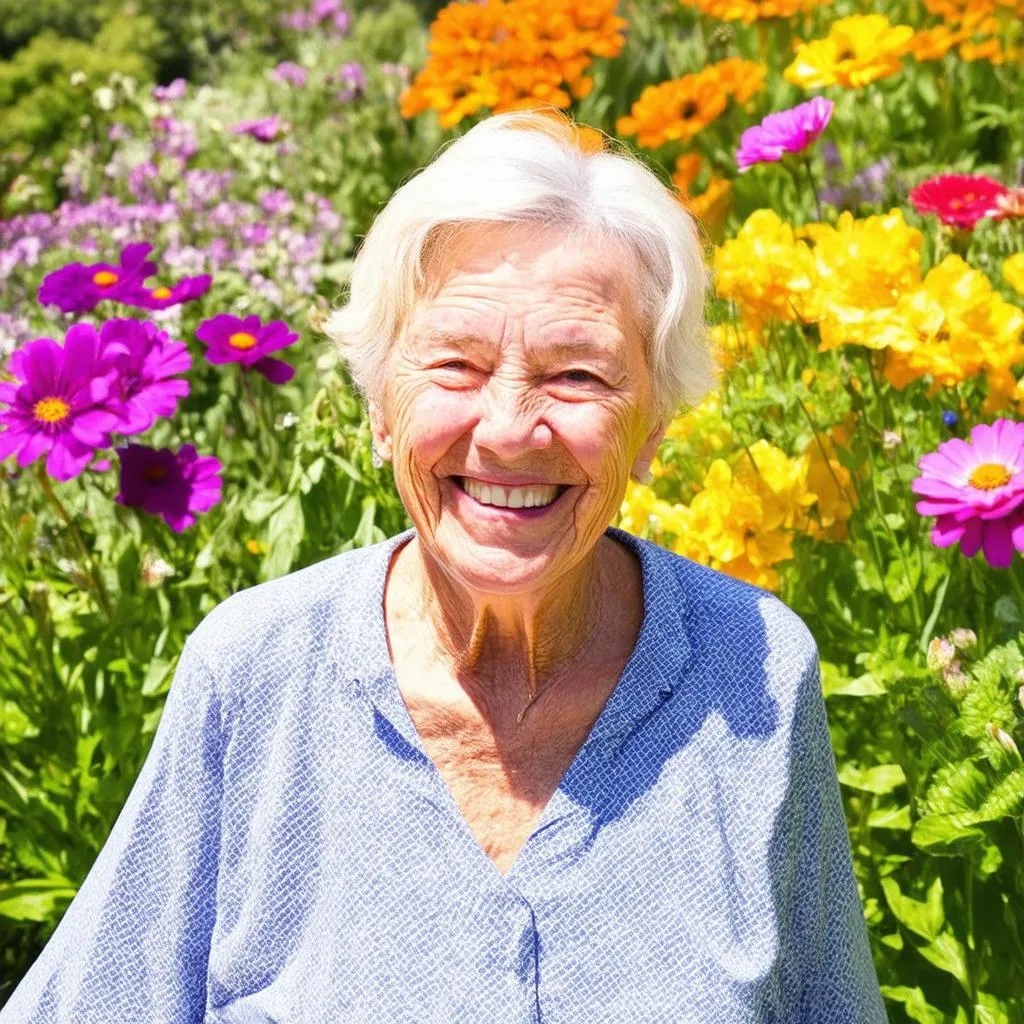 Happy Senior Woman Enjoying Garden