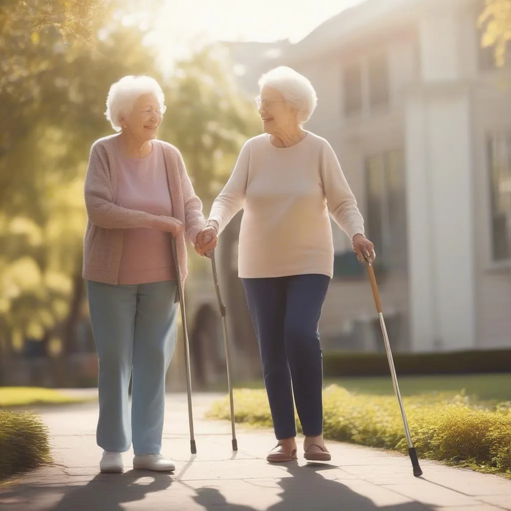 A senior woman smiles brightly as her caregiver gently helps her walk