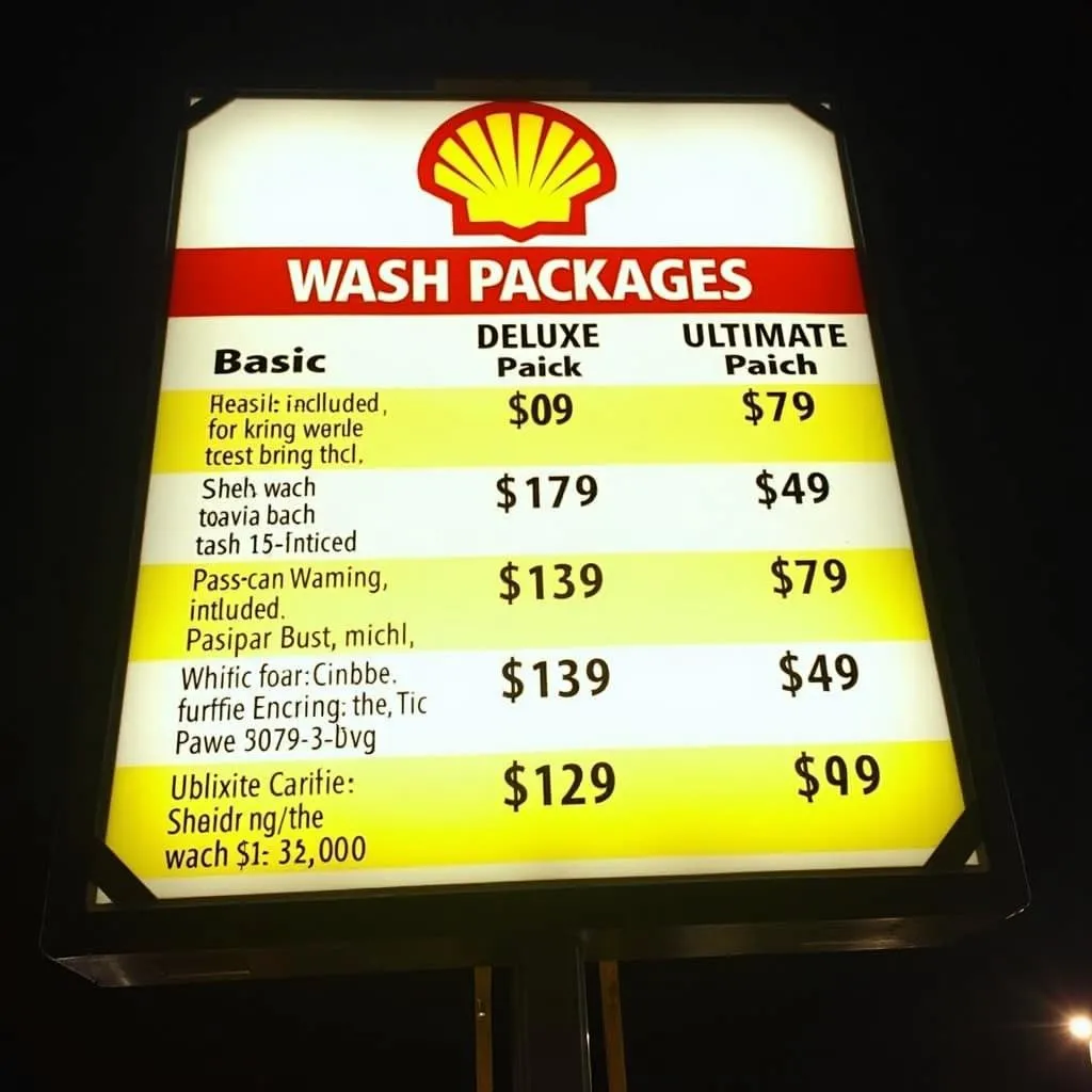 Shell car wash price board with different packages