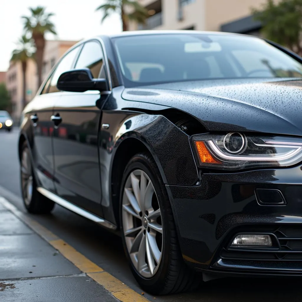 Side swipe car damage on an Audi A4 on Sunset Boulevard