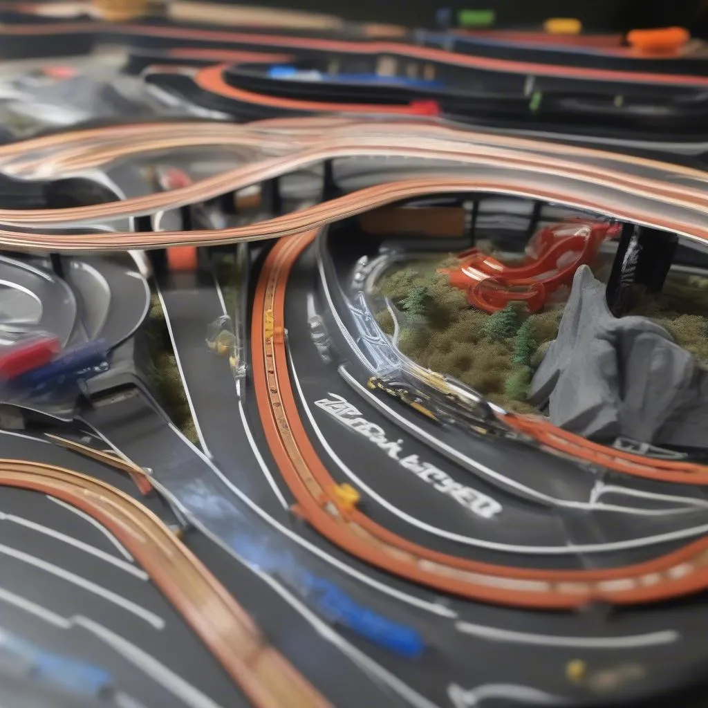 Advanced slot car racing track with curves, elevation changes, and loops