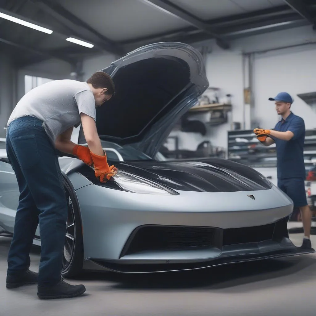 Installing a sporty car spoiler on a sports car