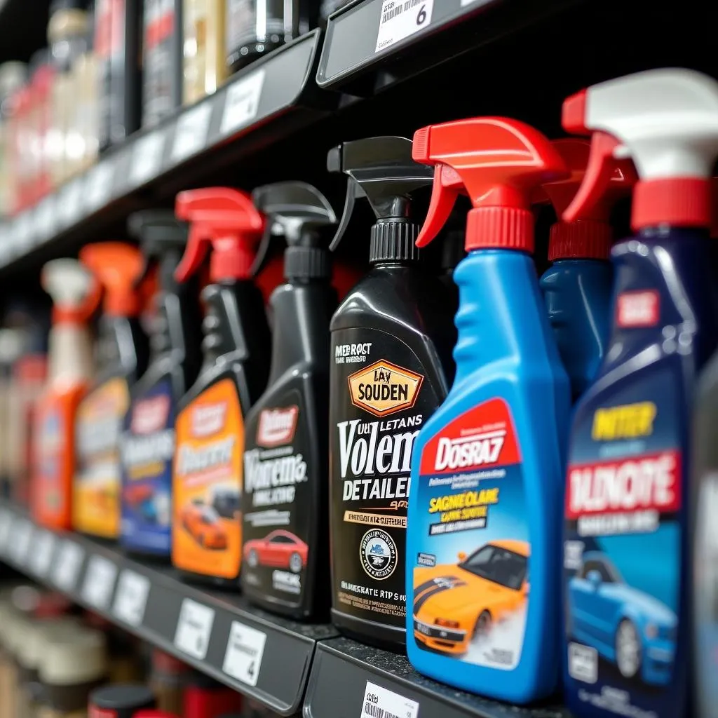 A variety of spray car detailer products on a shelf.