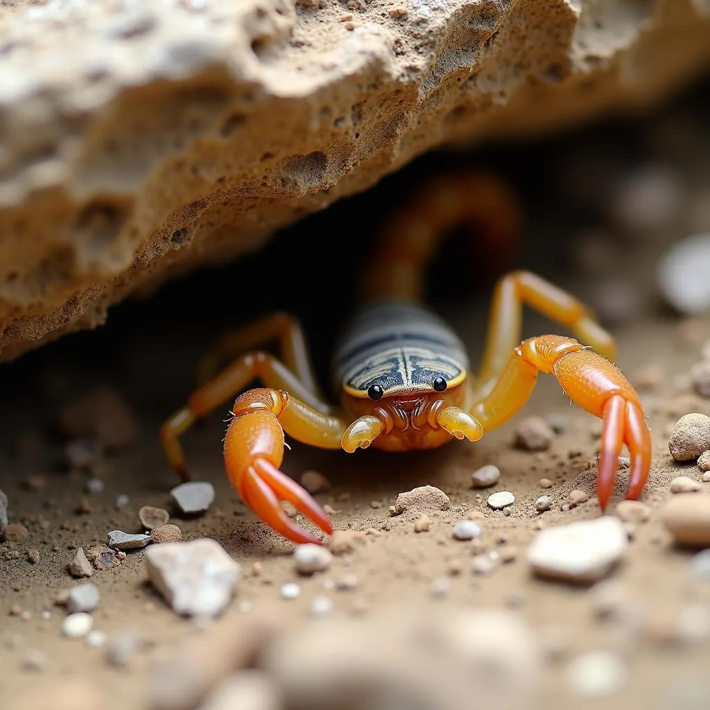 Striped bark scorpion in its natural habitat under a rock