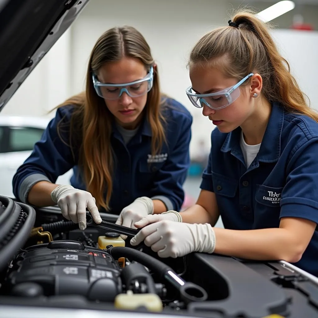 Students Collaborating on Car Engine