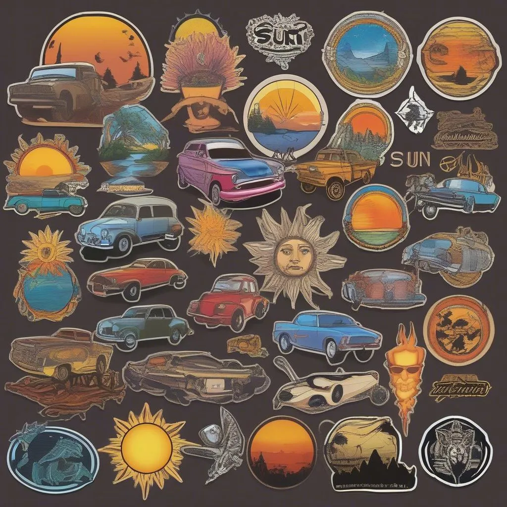 Different designs of sun car stickers for cars in various colors and styles