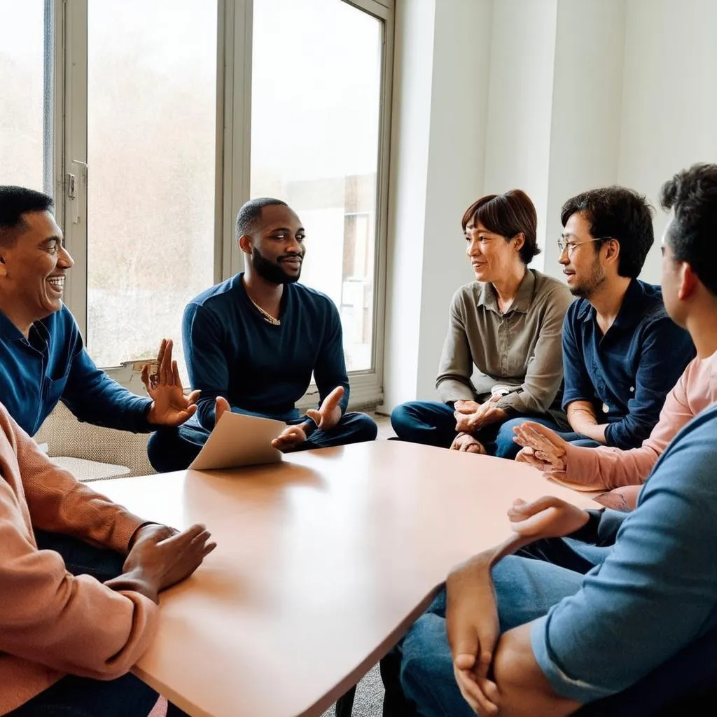 Diverse group of people in support group meeting