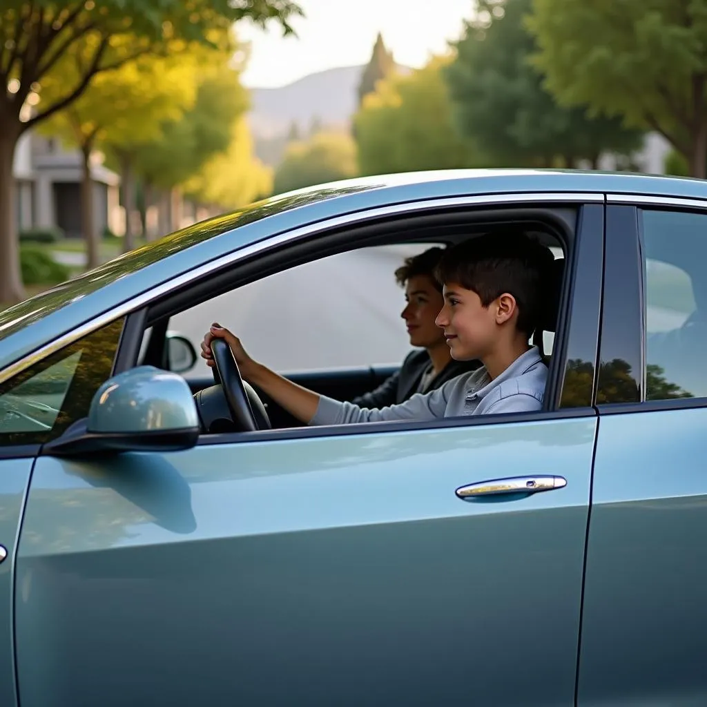 Teen Driving Electric Car with Parent