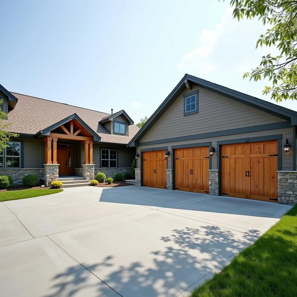 Spacious three-car garage attached to a modern ranch house