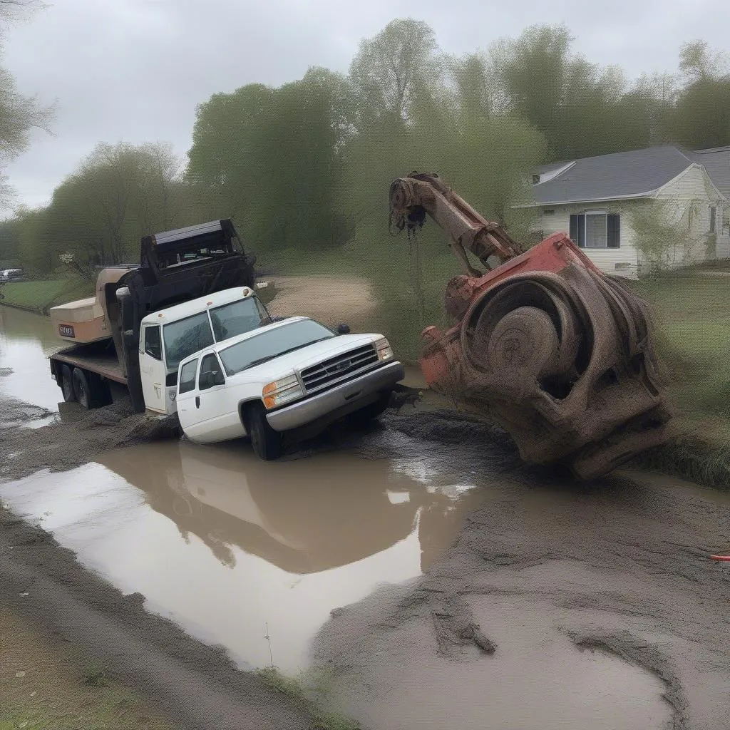 Tow Truck Recovering Car From Canal