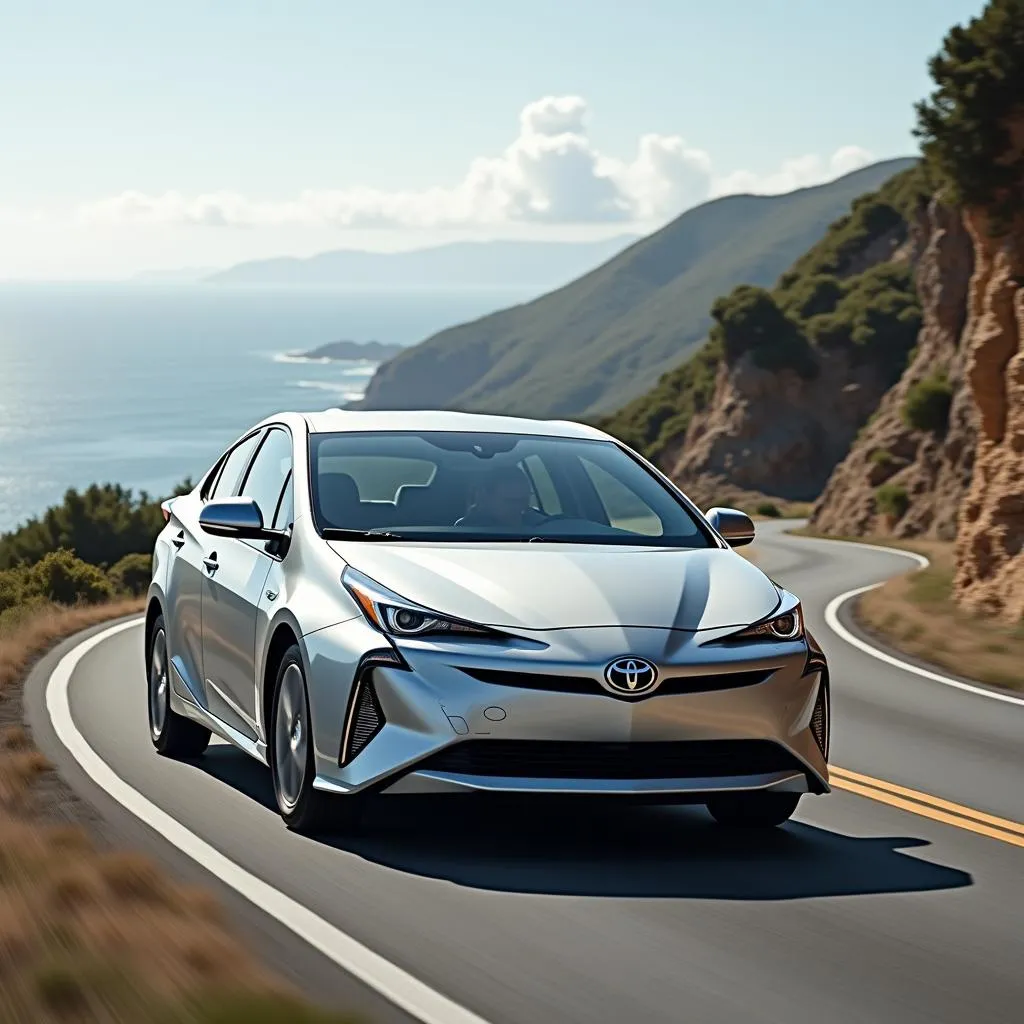 Silver Toyota Prius Driving on Scenic Road