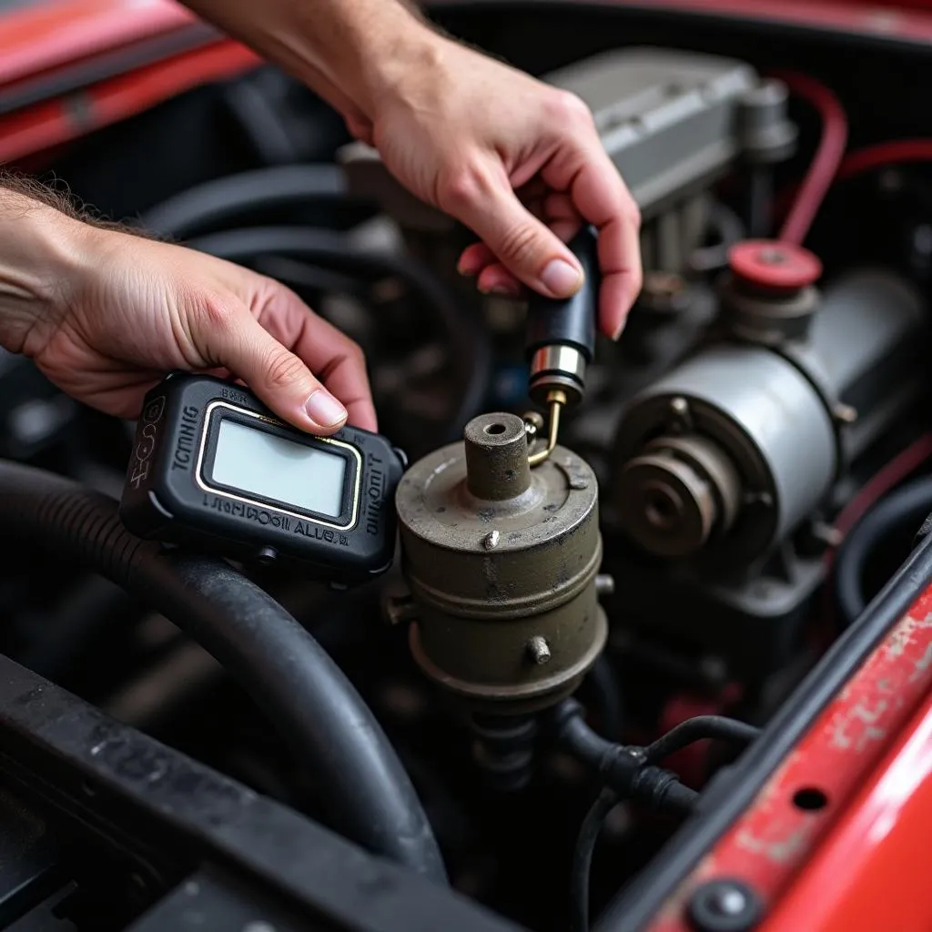 Mechanic adjusting the distributor on a classic car