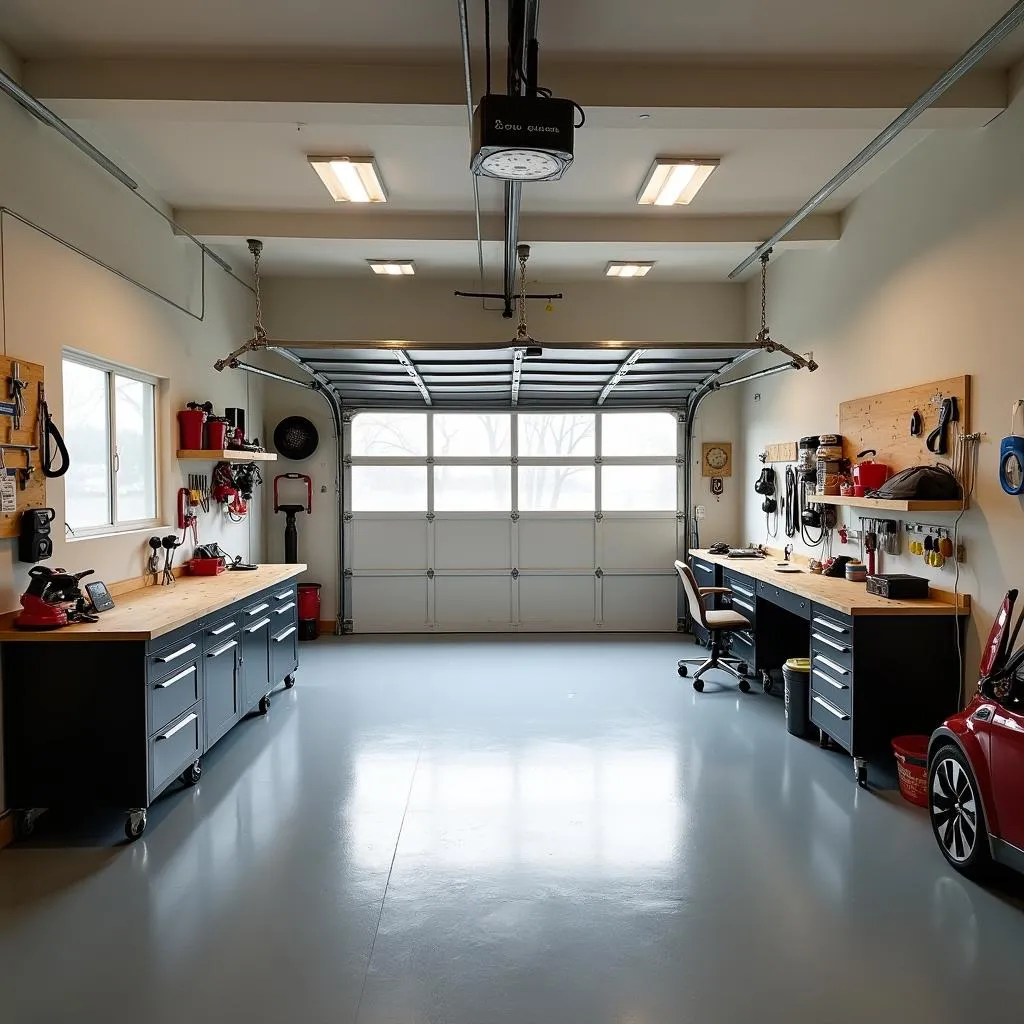 Modern two-car garage set up as a workshop