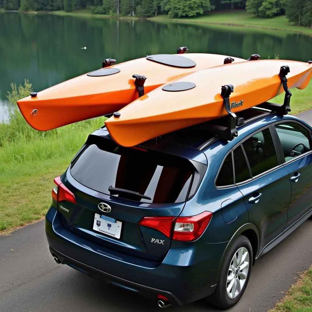 Two kayaks loaded on car with saddle-style carriers