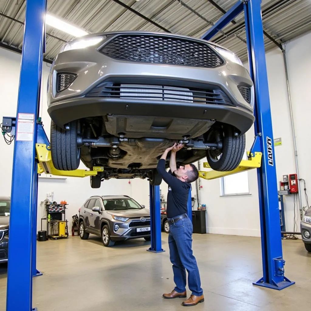 Mechanic using a two post car lift to work on a car's undercarriage